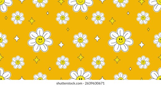 Cute Smiling Daisy Groovy Style Seamless Pattern in Yellow Background.