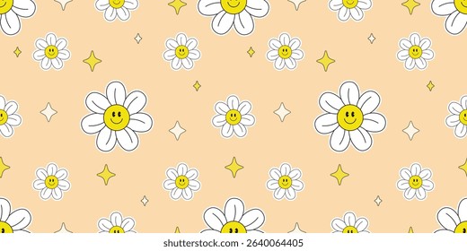 Cute Smiling Daisy Groovy Style Seamless Pattern in Peach Background.