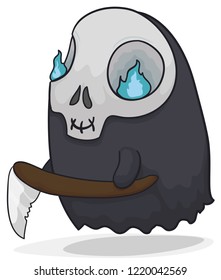 Cute smiling death character with its traditional scythe and a skull mask with wildfire in its eyes.