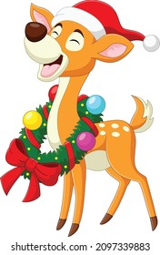 Cute smiling deer cartoon with christmas wreath