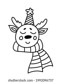 Cute smiling deer in a festive hat with a pompom and a scarf isolated on white background. Vector hand-drawn illustration in doodle style. Perfect for cards, decorations, holiday designs.