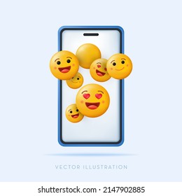 Cute smiling different Emoji on the mobile phone. 3D vector illustration in cartoon minimal style