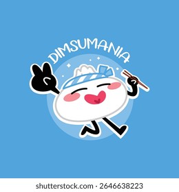 CUTE SMILING DIMSUM IS HOLDING CHOPSTICKS IS SHOWING PEACE SIGN CARTOON MASCOT