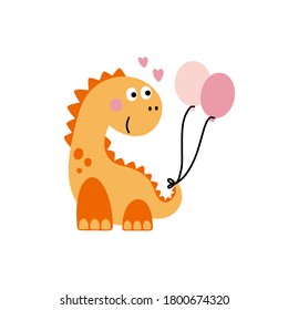 Cute smiling dinosaur with balloons isolated on white background. Vector cartoon illustration.