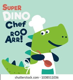 Cute and smiling dinosaur in chef uniform cooking dinner