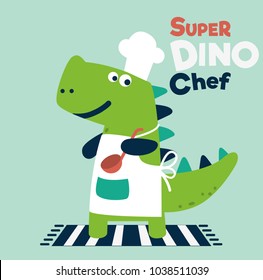 Cute and smiling dinosaur in chef uniform cooking dinner