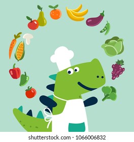 Cute and smiling dinosaur in chef uniform with fruits and vegetables. Healthy food vector concept