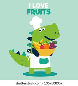 Cute and smiling dinosaur in chef uniform with fruits. Healthy food vector concept