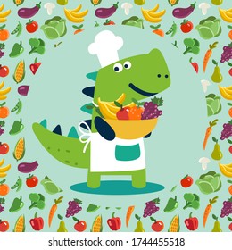 Cute and smiling dinosaur in chef uniform with fruits. Healthy food vector concept. Seamless pattern with fruits