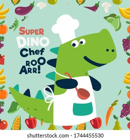 Cute and smiling dinosaur in chef uniform with fruits and vegetables. Healthy food vector concept. Seamless pattern with fruits