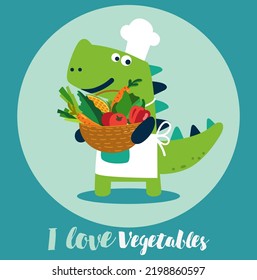Cute and smiling dinosaur in chef uniform with vegetables. Healthy food vector concept