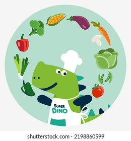Cute and smiling dinosaur in chef uniform with vegetables. Healthy food vector concept