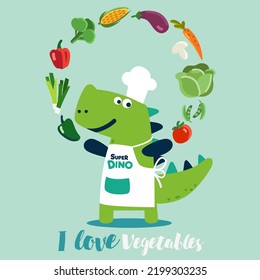 Cute and smiling dinosaur in chef uniform with vegetables. Healthy food vector concept