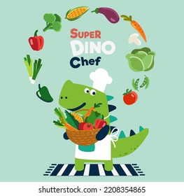 Cute and smiling dinosaur in chef uniform with vegetables. Healthy food vector concept