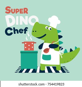Cute and smiling dinosaur in chef uniform cooking dinner