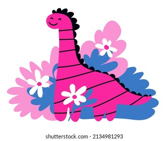 Cute smiling dinosaur in front of blooming bush. Lovely vector illustration for print, sticker, banner, card, poster. Nursery design. 