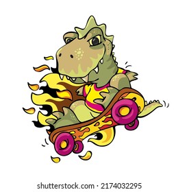 Cute smiling dinosaur on flaming skateboard