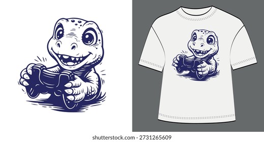 Cute smiling dinosaur playing video game controller. Vector illustration for t-shirt design, kids clothing, gamer merchandise, posters, stickers and prints.