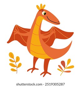 Cute smiling dinosaur with wings in a flat vector style. Friendly and playful design is ideal for children's books, t-shirt, nursery decor, greeting cards, party invitations