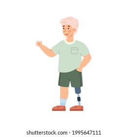 Niño discapacitado con una sonrisa pequeña con una extremidad protésica, ilustración vectorial de dibujos animados aislada en fondo blanco. Personaje de dibujos animados para niños discapacitados o niños discapacitados.