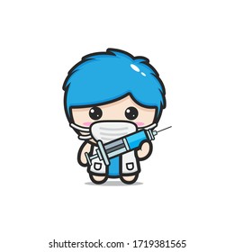 Cute Smiling Doctor Girl, Healthcare, Medical, injection, Doctor Woman Mascot Concept. Kawaii Flat Cartoon Character Vector Design. Isolated on a White Background