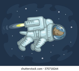 Cute smiling dog dressed in white spacesuit is flying in outer space using cosmic engine, on starry space background. Science and fiction concept