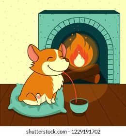 Perro sonriente de corgi dulce bebe chocolate caliente con chimenea. Ilustración vectorial. Para tarjetas, calendarios