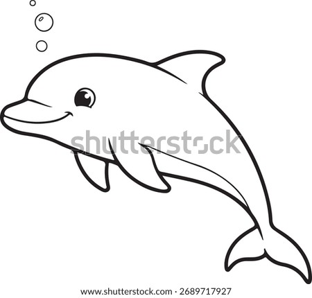 A cute, smiling dolphin drawn in clean black-and-white line art with bubbles. Simple cartoon style, perfect for kids’ coloring pages, education, and sea-life designs.