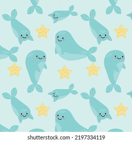 Cute smiling dolphins, whales, narwhals seamless pattern, texture, background, wallpapers, endless ornament, repeating print. Marine animals and cetacean vector illustration for textiles, fabric