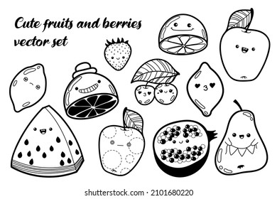 Personajes de garabatos de caricatura con una sonrisa burda aislados en fondo blanco. Conjunto de ilustraciones dibujadas a mano por Vector kawaii. Contorno a sandía blanca y negra, cereza, manzana, limón, pera, naranja.