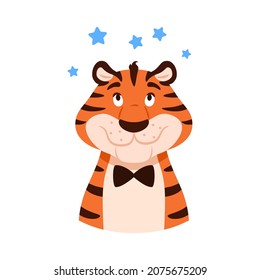 Cute smiling dreaming cartoon tiger portrait isolated on white background. Flat happy character looking at stars above his head. Comic striped wildcat face. New Year symbol. Feline vector illustration