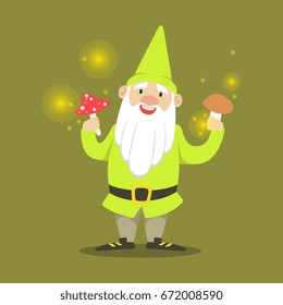 Cute smiling dwarf standing and holding mushrooms vector Illustration