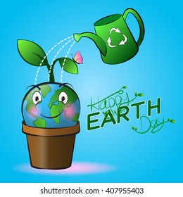 Cute smiling Earth cartoon on a pot with watering and blue background. Happy Earth Day