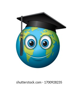 Cute smiling Earth emoticon wearing mortar board, emoji - vector illustration