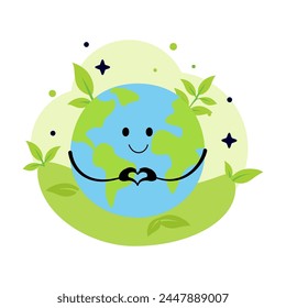 Lindo planeta de tierra sonriente con corazón aislado en fondo blanco. Día de la Tierra, diseño del concepto del día mundial del medio ambiente. Ilustración de personaje de dibujos animados de Vector.