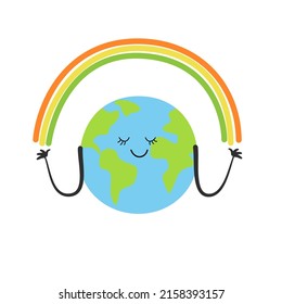 Cute smiling earth planet rainbow isolated on white background. Earth day, world environment day concept design. Vector cartoon character illustration.