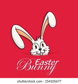 Cute smiling Easter Bunny on red background, can be used as greeting or invitation card design.