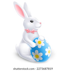 Cute smiling Easter bunny, sit and hold colored Easter egg with daisy flowers pattern, isolated on transparent background. Vector 3d realistic illustration EPS10