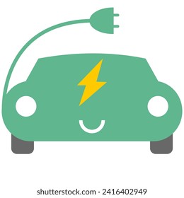 Cute and Smiling electric car icon with plug.Eco friendly vehicle concept. Vector illustration flat style.