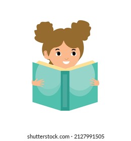 Cute smiling elementary school girl student holding an open book reading. Homeschooling home education illiteracy campaign banner