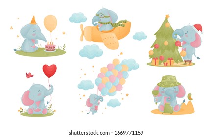 Cute Smiling Elephant Character Engaged in Different Activities Vector Set