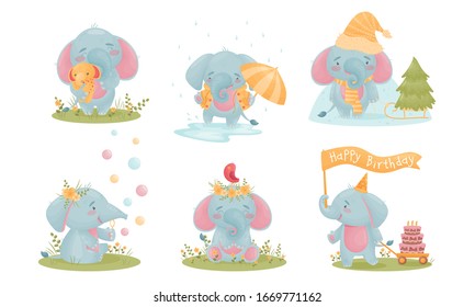 Cute Smiling Elephant Character Engaged in Different Activities Vector Set