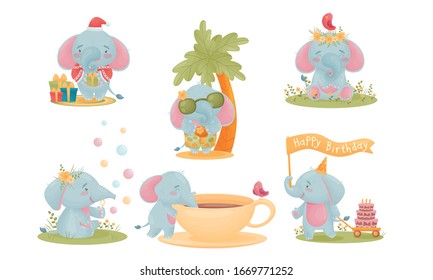 Personaje elefante sonriente y compenetrado en diferentes actividades