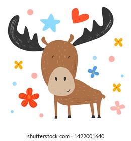 Cute smiling elk. Happy funny forest animal. Vector background with flowers, stars and footprint. Hand drawn illustration. Pencil texture. Character for kids. Scandinavian flat cartoon style.