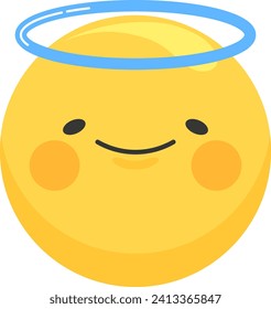 Cute smiling emoji with angel halo, happy face emoticon. Cheerful expression, angelic emoji vector illustration.