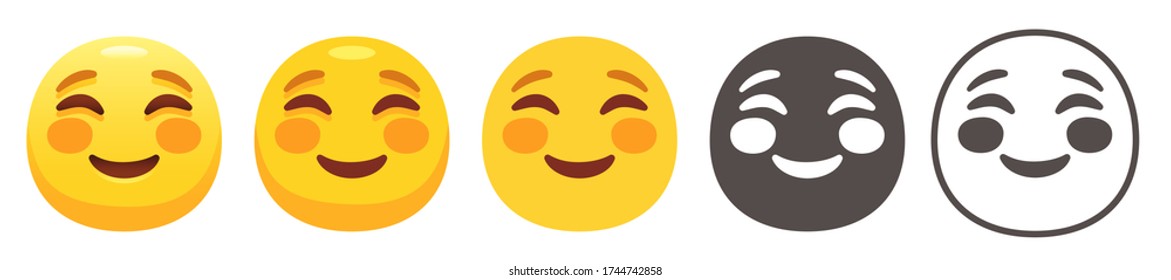 Cute smiling emoji. Happy face with flushed cheeks, cheerful embarrassed or cute flat vector icons set