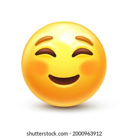 Cute smiling emoji. Happy face with flushed cheeks, cheerful embarrassed 3D stylized vector icon