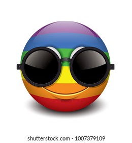 Cute smiling emoticon wearing black sunglasses, emoji, smiley - vector illustration