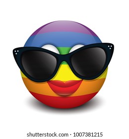Cute smiling emoticon wearing black sunglasses, emoji, smiley - vector illustration