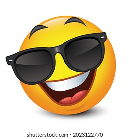 Cute smiling emoticon wearing black sunglasses, emoji - vector illustration

